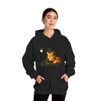 Person wearing a black hoodie with a fox graphic on a white background