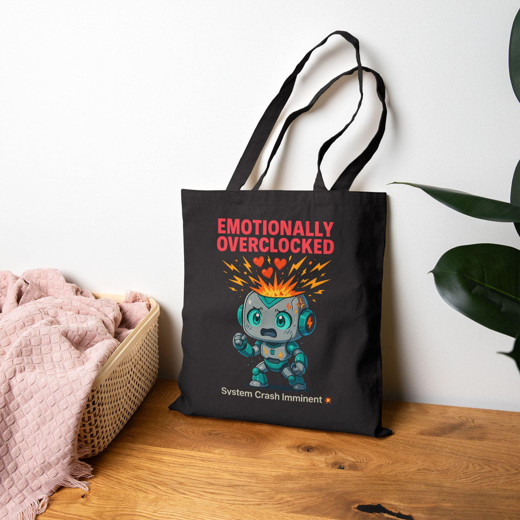 Emotionally Overclocked Tote Bag | Funny Robot Overload Canvas Tote | Cute Nerdy Gift for Gamers, Coders, Engineers, and Anime Fans