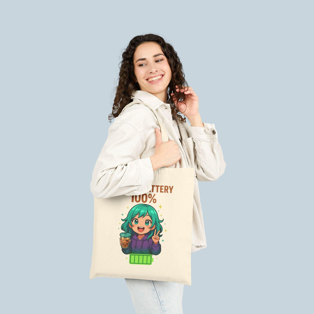 Social Battery 100% Tote Bag | Cute Anime Girl with Boba, Recharge Graphic