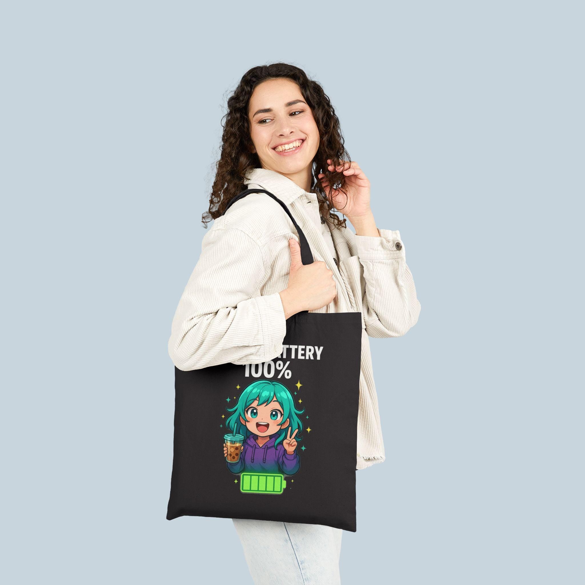Social Battery 100% Tote Bag | Cute Anime Girl with Boba, Recharge Graphic