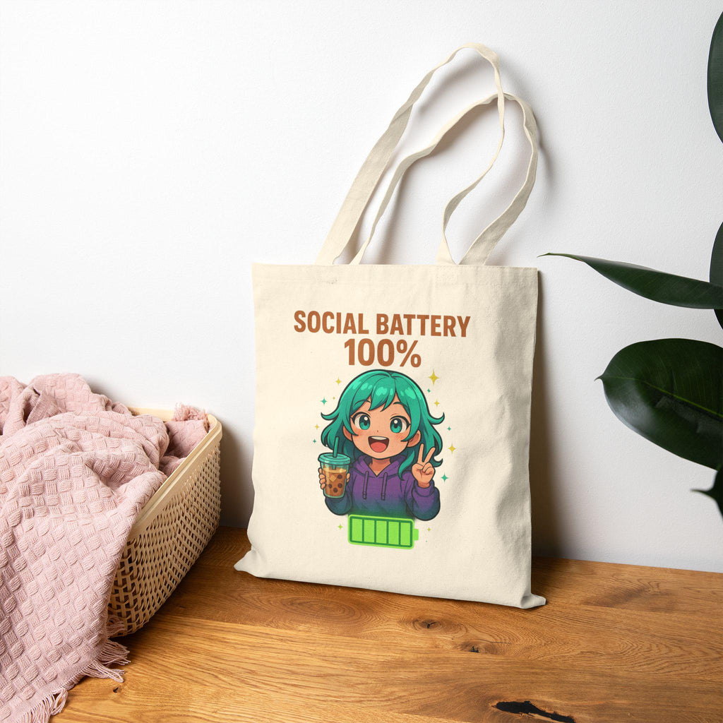 Social Battery 100% Tote Bag | Cute Anime Girl with Boba, Recharge Graphic