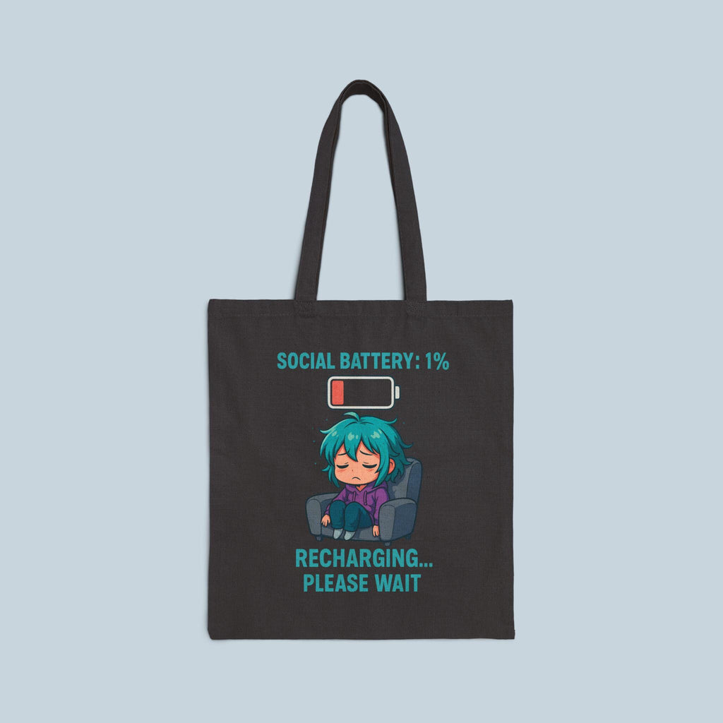 Social Battery 1% Tote Bag | Funny Introvert Anime Girl Canvas Tote | Recharging Please Wait Bag Gift for Gamers, Students, Coffee Lovers