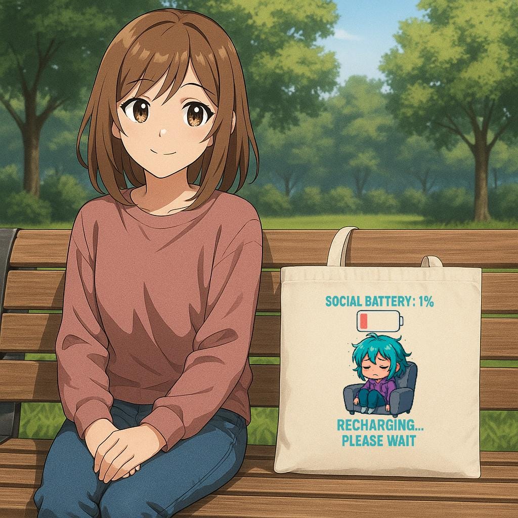 Social Battery 1% Tote Bag | Funny Introvert Anime Girl Canvas Tote | Recharging Please Wait Bag Gift for Gamers, Students, Coffee Lovers