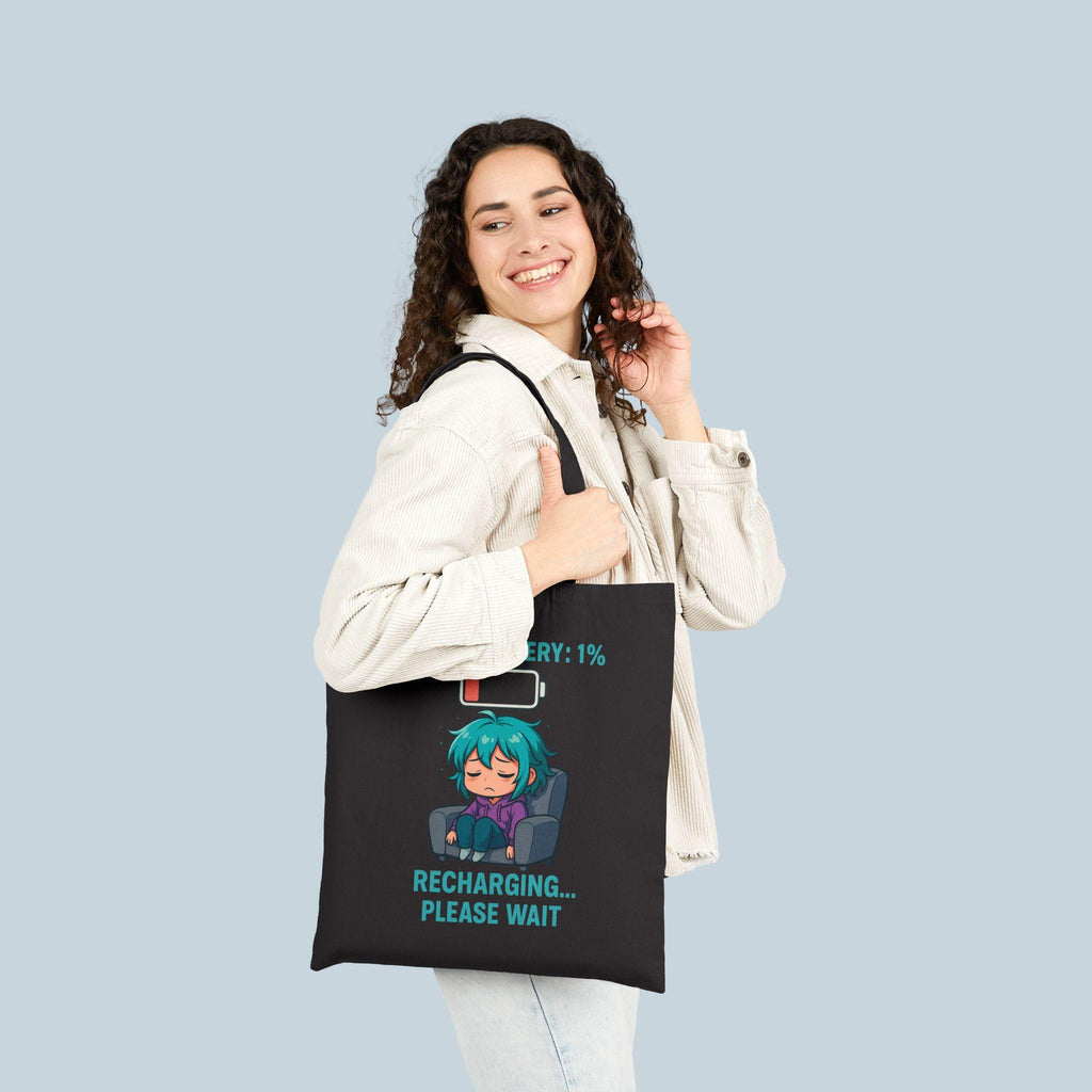Social Battery 1% Tote Bag | Funny Introvert Anime Girl Canvas Tote | Recharging Please Wait Bag Gift for Gamers, Students, Coffee Lovers