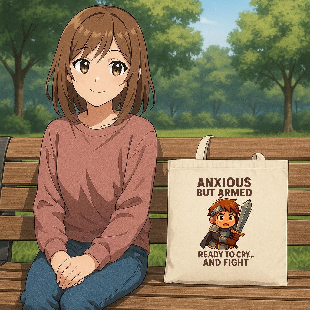 Anxious But Armed Tote Bag Funny Gamer Gift for Anime Fans Nerdy Warrior Humor Ready to Cry and Fight Satchel