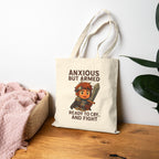 Anxious But Armed Tote Bag Funny Gamer Gift for Anime Fans Nerdy Warrior Humor Ready to Cry and Fight Satchel