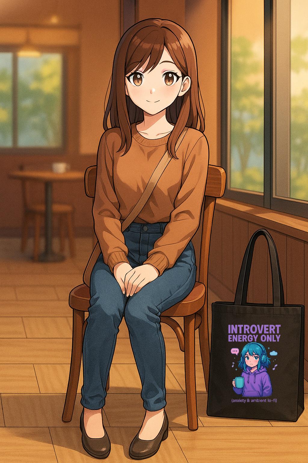 Introvert Energy Only Tote Bag Funny Lo-Fi Anime Girl Anxiety Gift for Shy People and Chill Vibes Fans