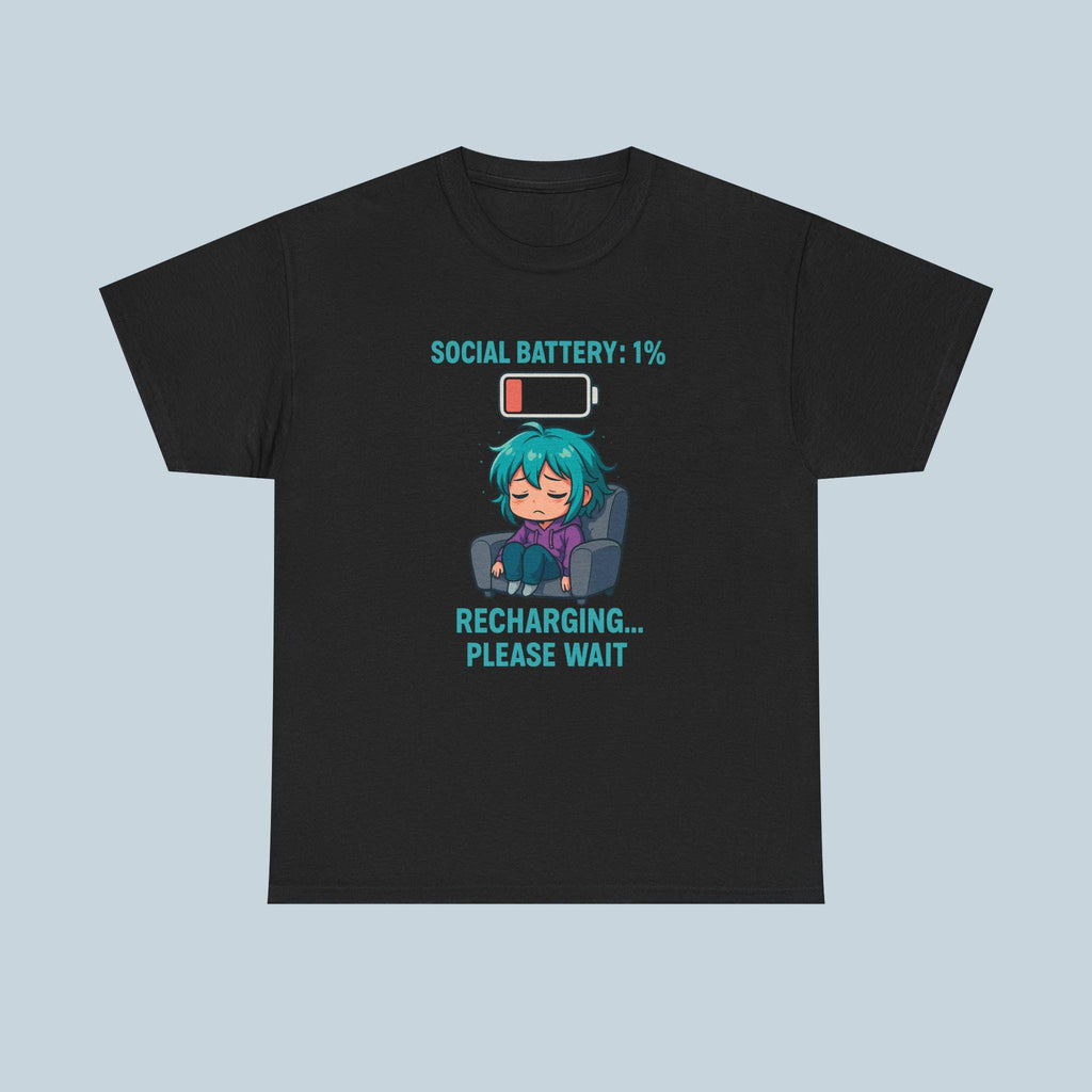 Anime Social Battery Shirt Funny Introvert T-Shirt Black Graphic Tee Gift for Gamers Otakus and Quiet People