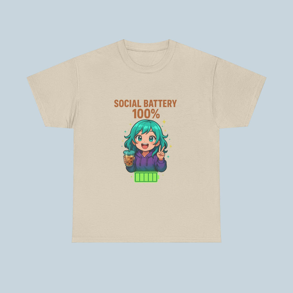 Social Battery 100% Anime Shirt Kawaii Boba Tea T-Shirt Cute Funny Gift for Anime Lovers and Introverts