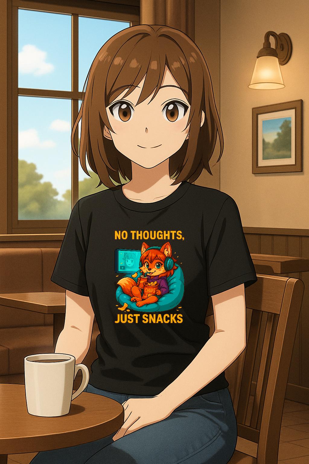 No Thoughts Just Snacks Shirt Anime Gamer Fox Tee Cozy Snack Time Kawaii Cute Gift for Anime Lovers and Coders