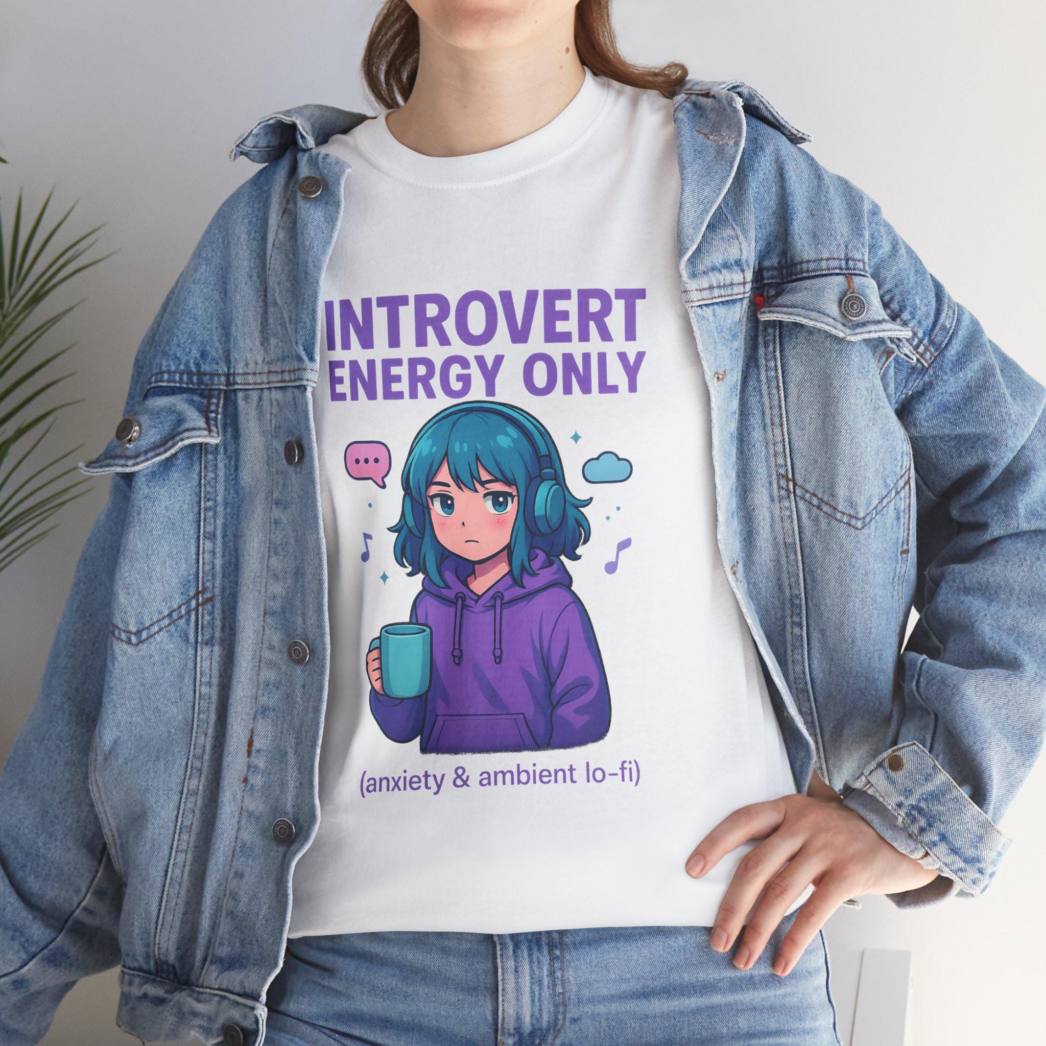Introvert Energy Only Shirt, Cute Anime Girl with Hoodie & Lo-Fi Vibes | Cozy Ambient Anxiety Tee | Gamer Gift | Epic Anime Apparel