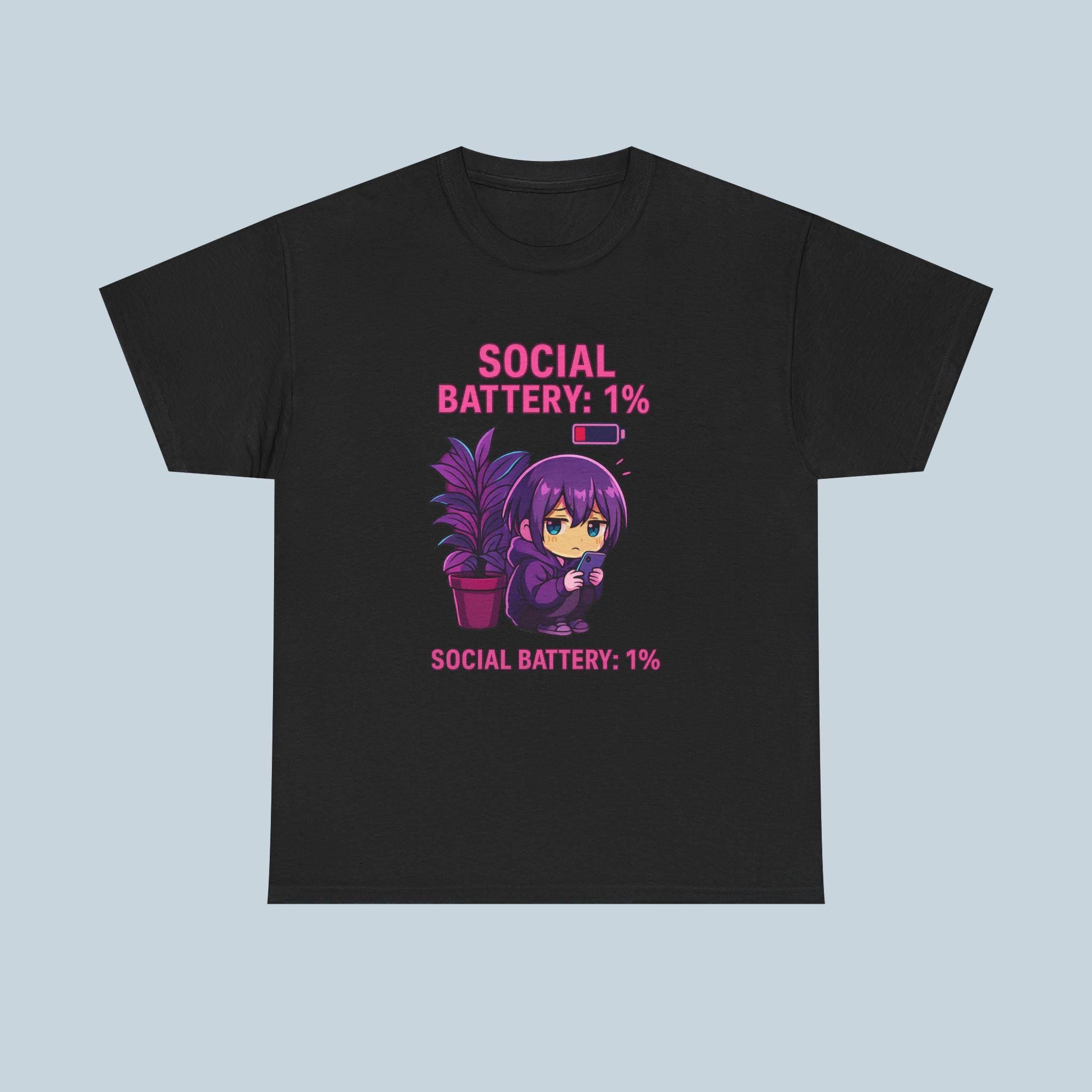 Social Battery 1 Percent Shirt Cute Anime Introvert Tee Funny Kawaii Chibi T Shirt for Low Energy Days Cozy Gift Idea