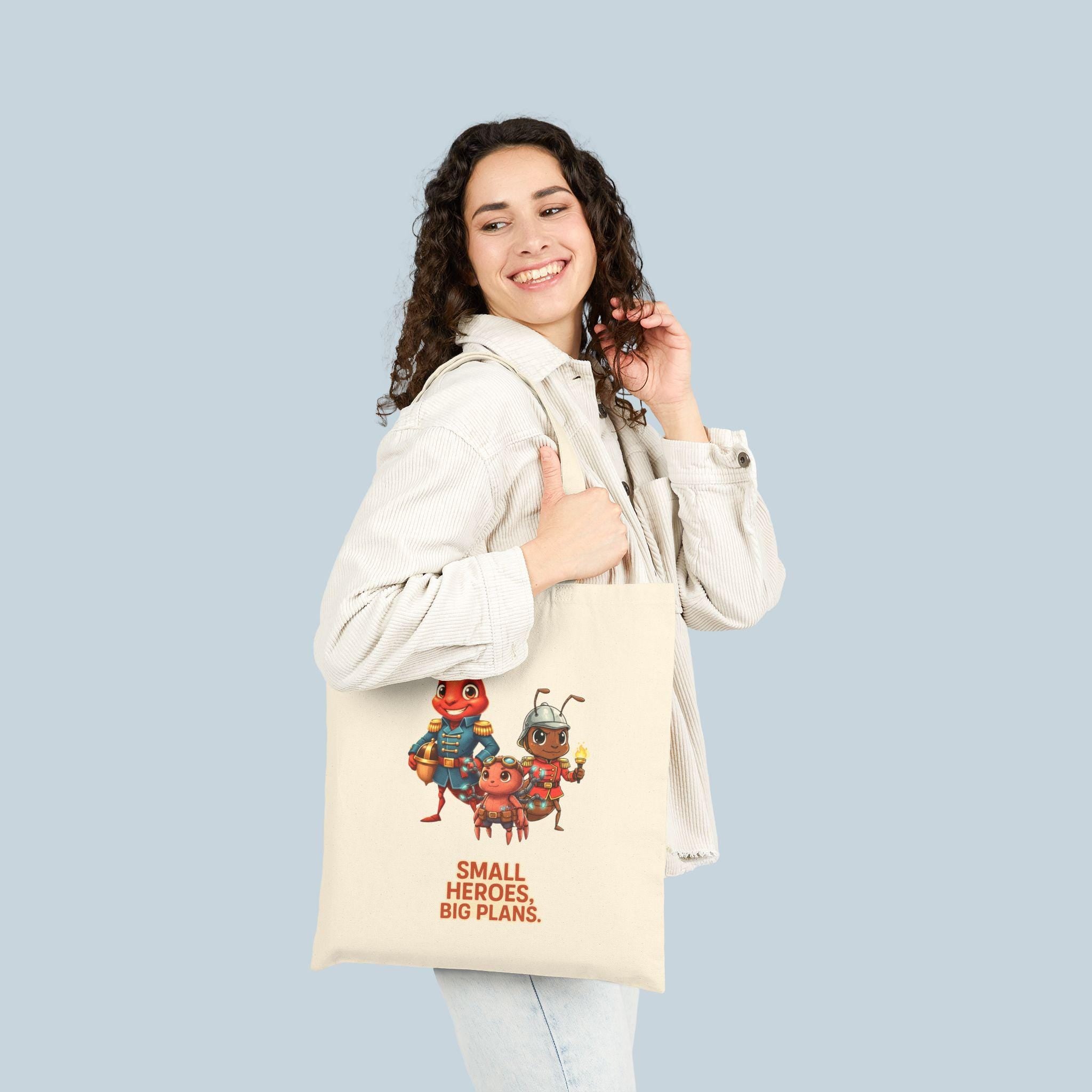 Small Heroes Big Plans Tote Bag, Cute Whimsical Ant Trio, Eco Tote, Funny Anime Inspired Gift for Readers Teachers Moms Epic Anime Apparel