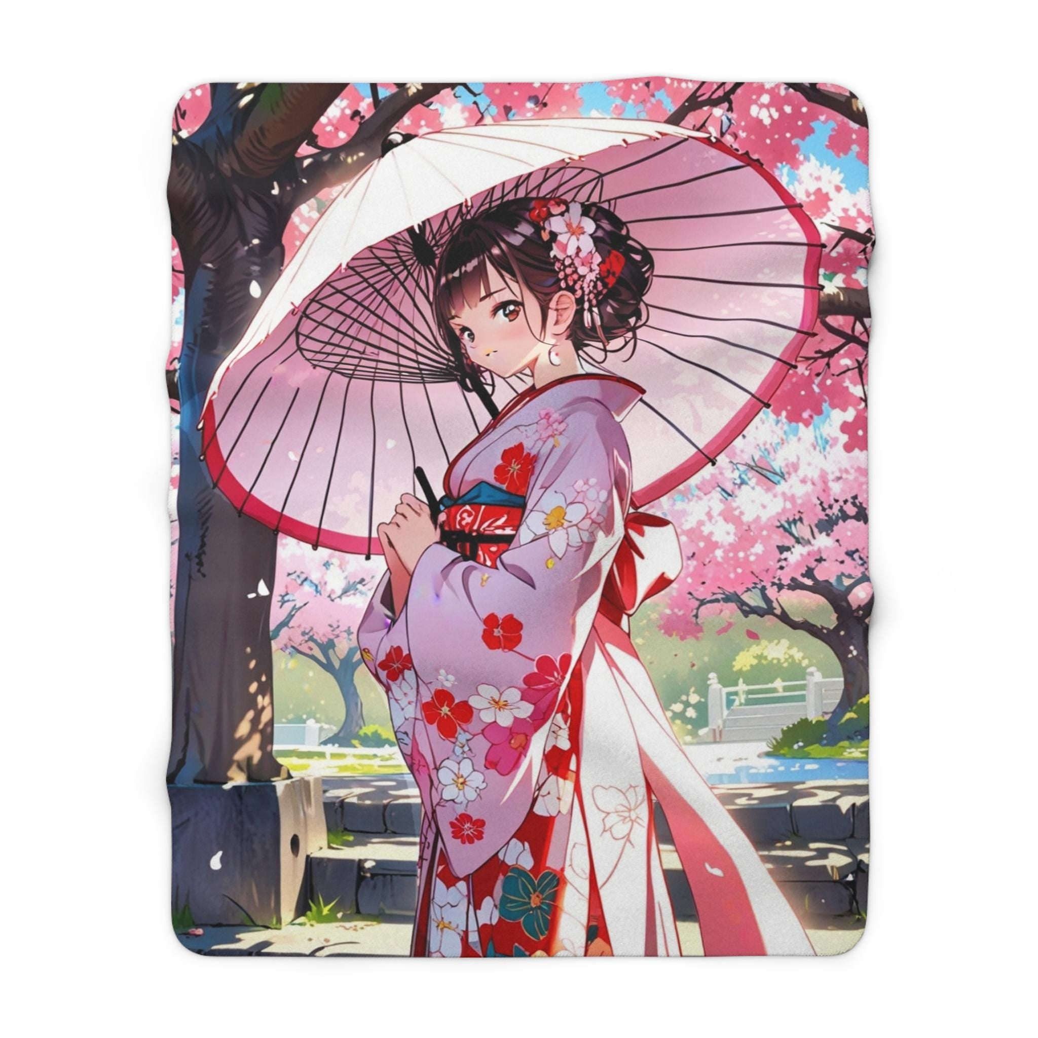 Cherry Blossom Kimono Girl Sherpa Blanket Anime Cozy Gift for Japan Lovers and Dreamers