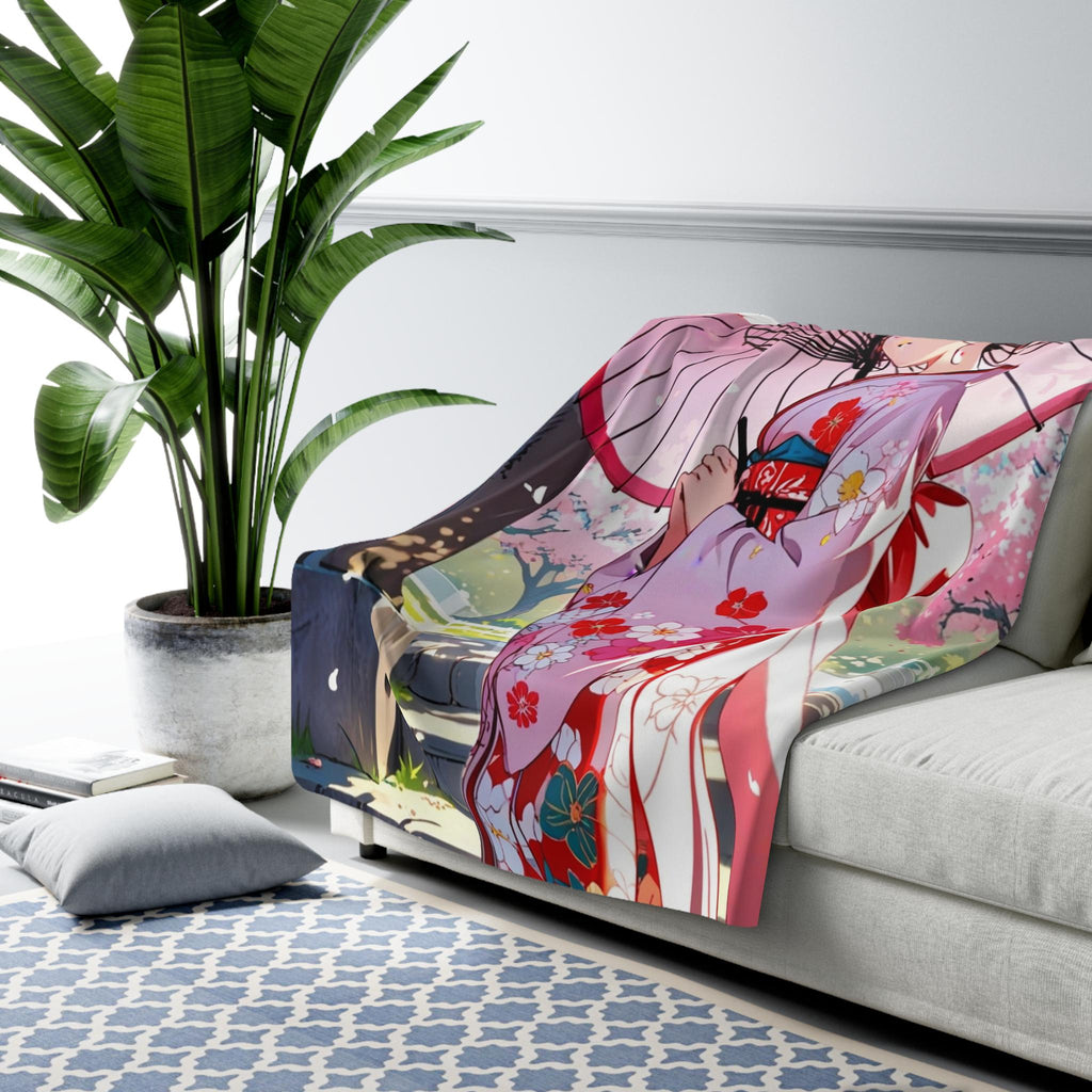 Cherry Blossom Kimono Girl Sherpa Blanket Anime Cozy Gift for Japan Lovers and Dreamers