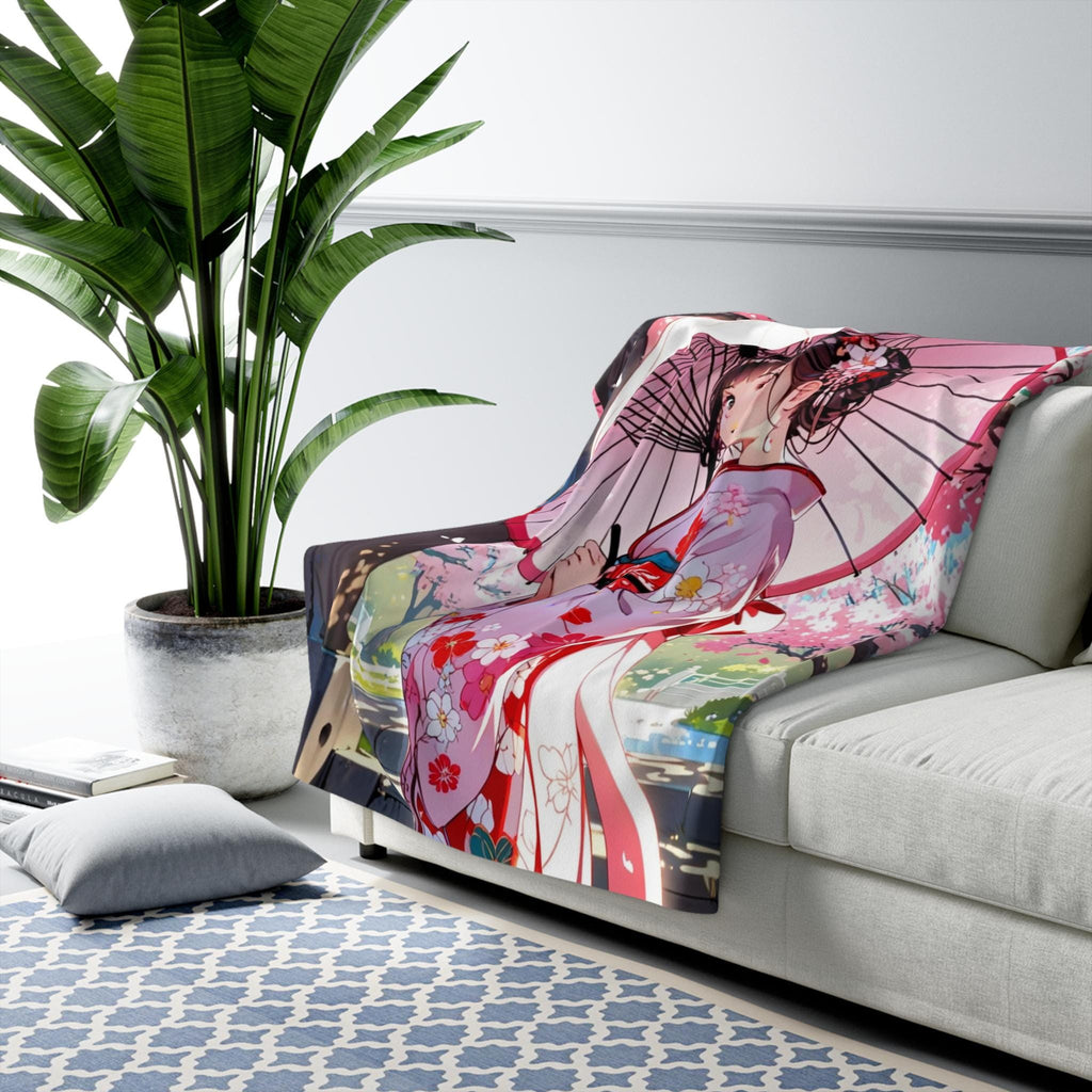 Cherry Blossom Kimono Girl Sherpa Blanket Anime Cozy Gift for Japan Lovers and Dreamers