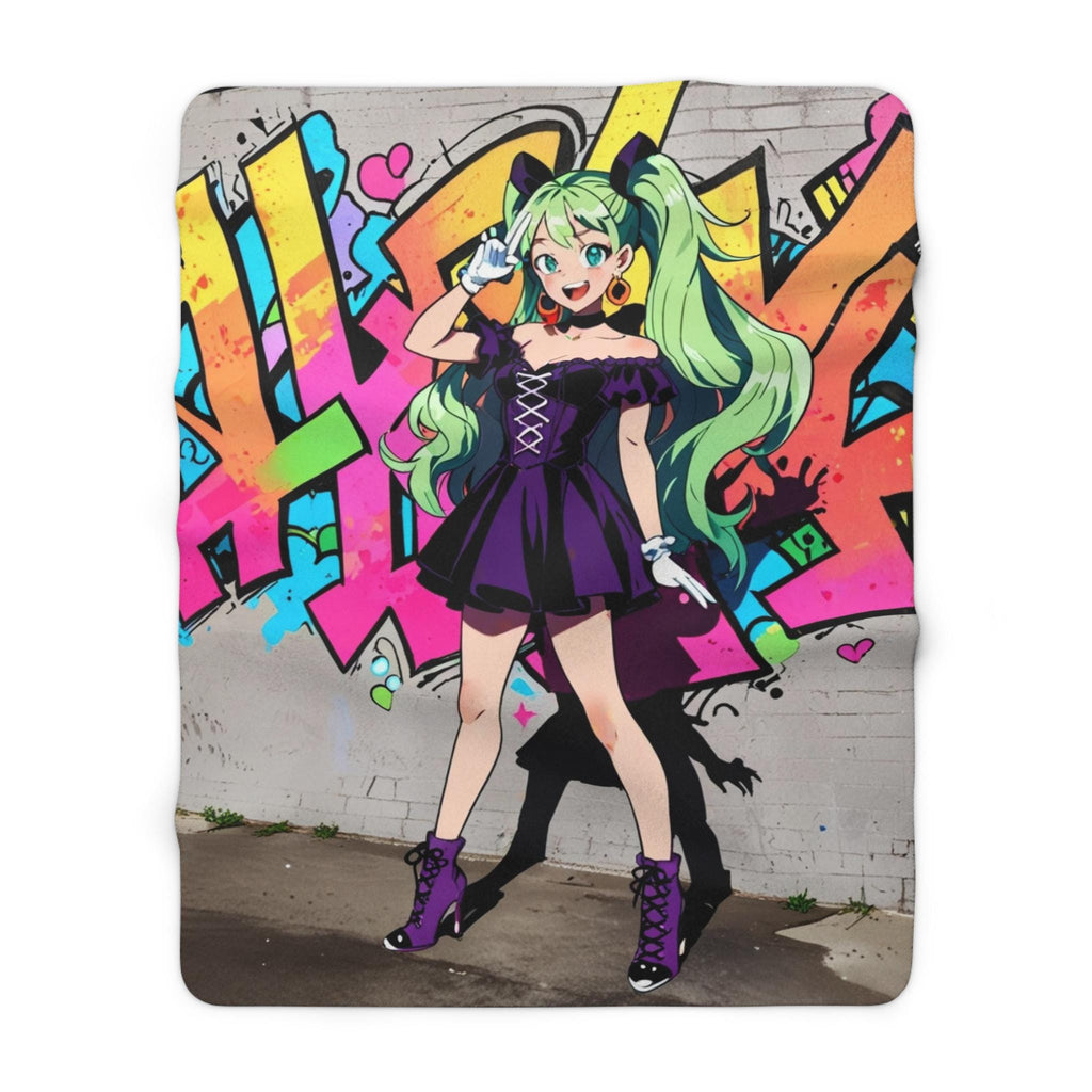 Graffiti Anime Girl Sherpa Blanket Street Art Neon Cozy Gift for Anime Fans and Gamers