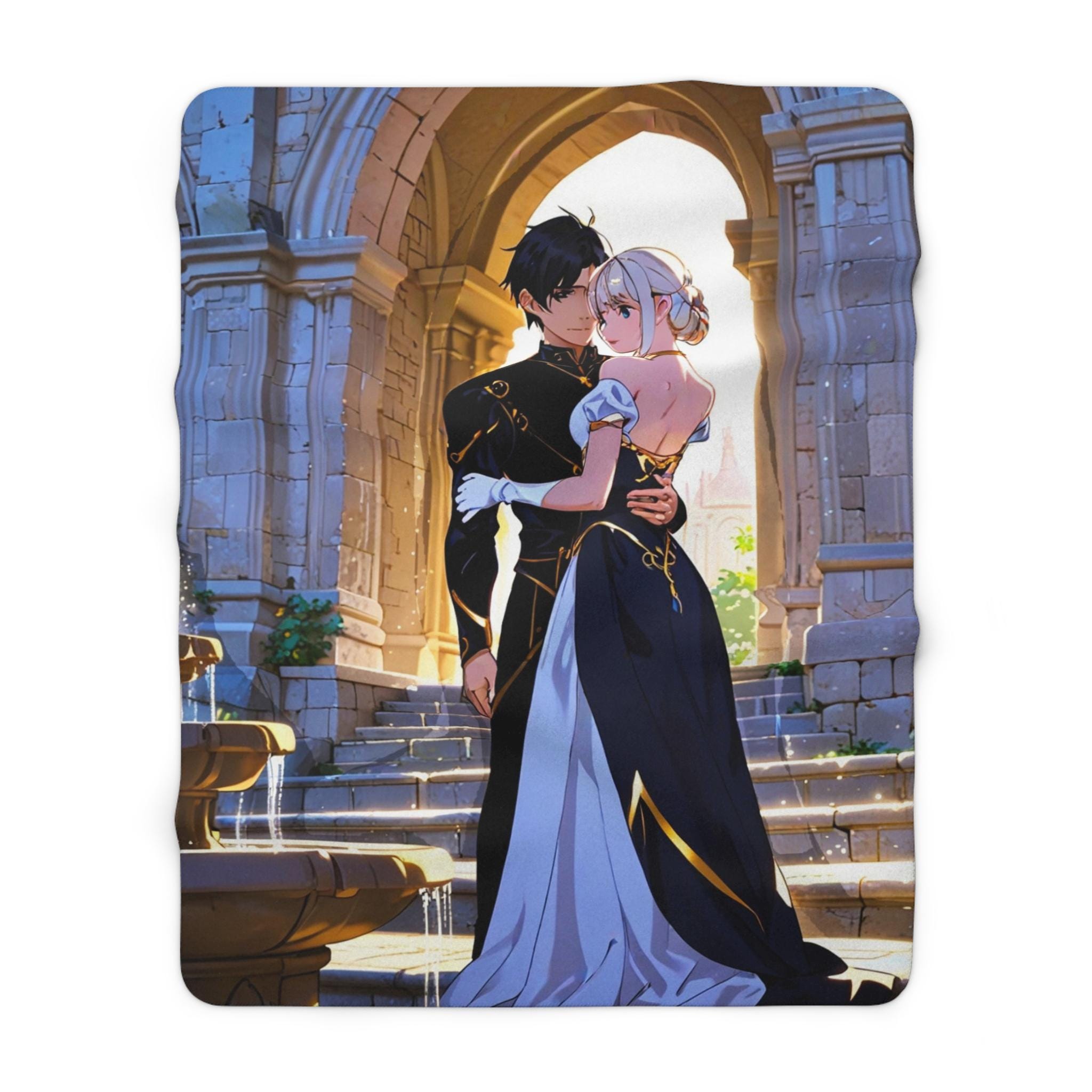 Romantic Anime Couple Sherpa Blanket Fantasy Castle Cozy Gift for Anime Lovers and Dreamers