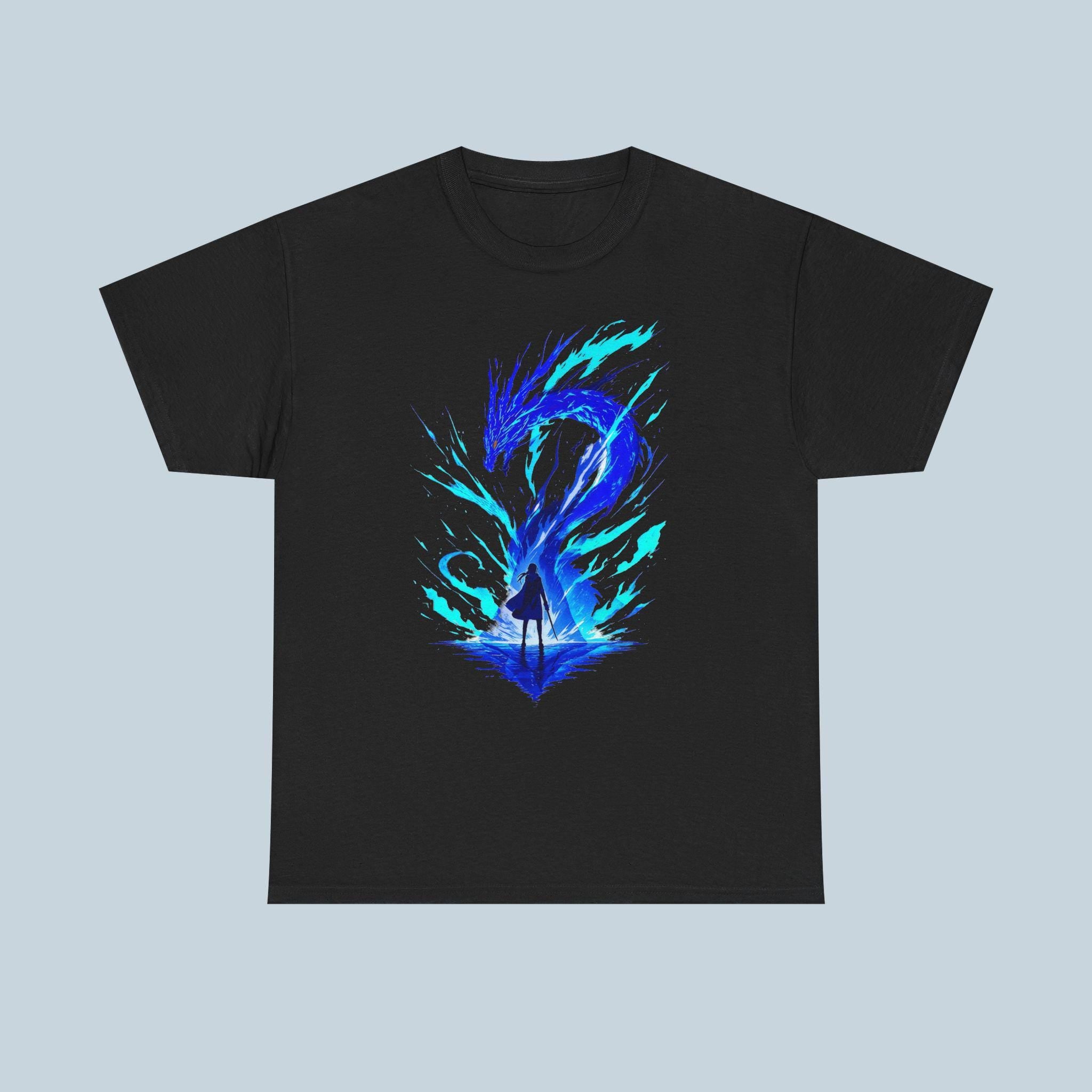 Blue Dragon Spirit Anime T Shirt Neon Fire Fantasy Graphic Tee for Gamers and Anime Fans