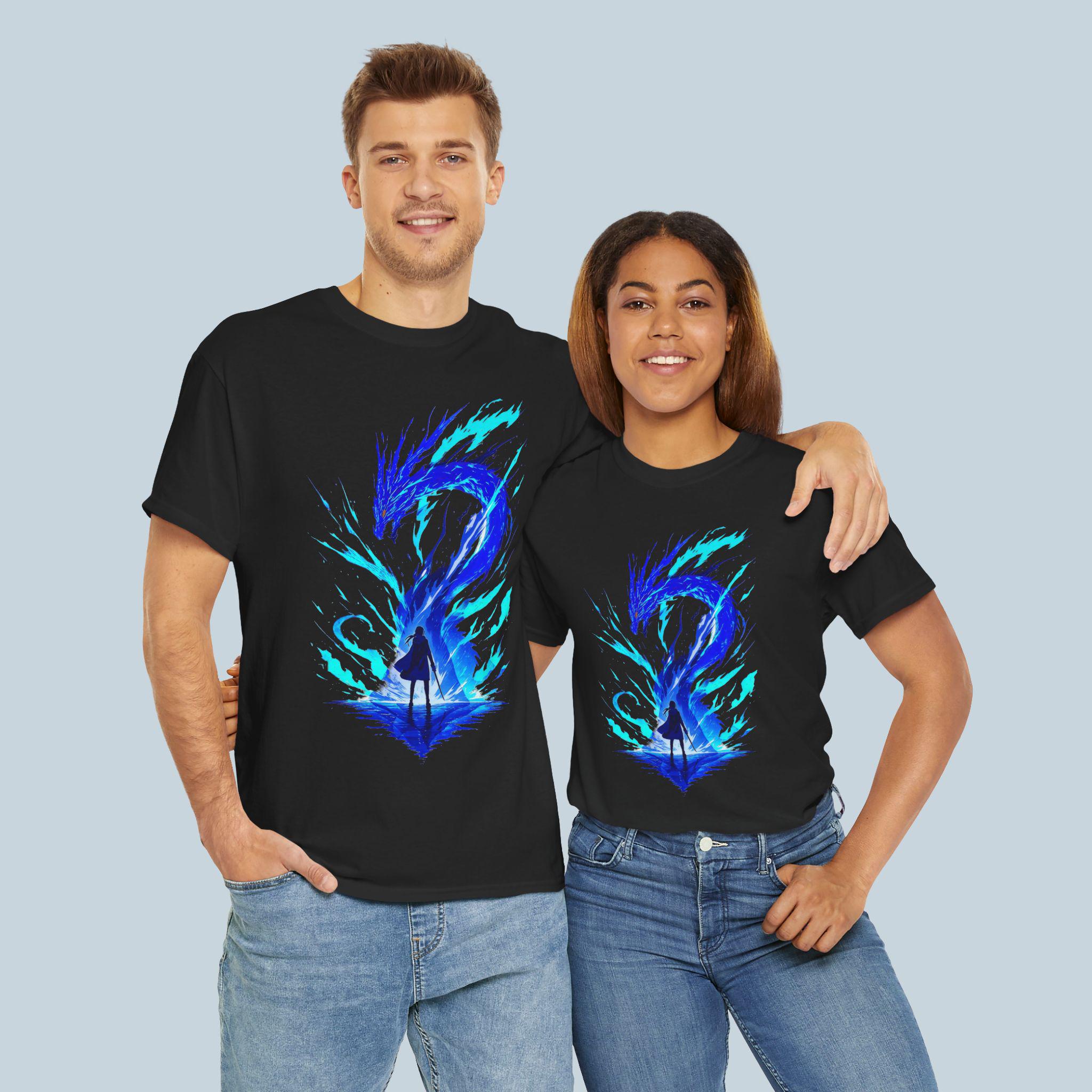 Blue Dragon Spirit Anime T Shirt Neon Fire Fantasy Graphic Tee for Gamers and Anime Fans