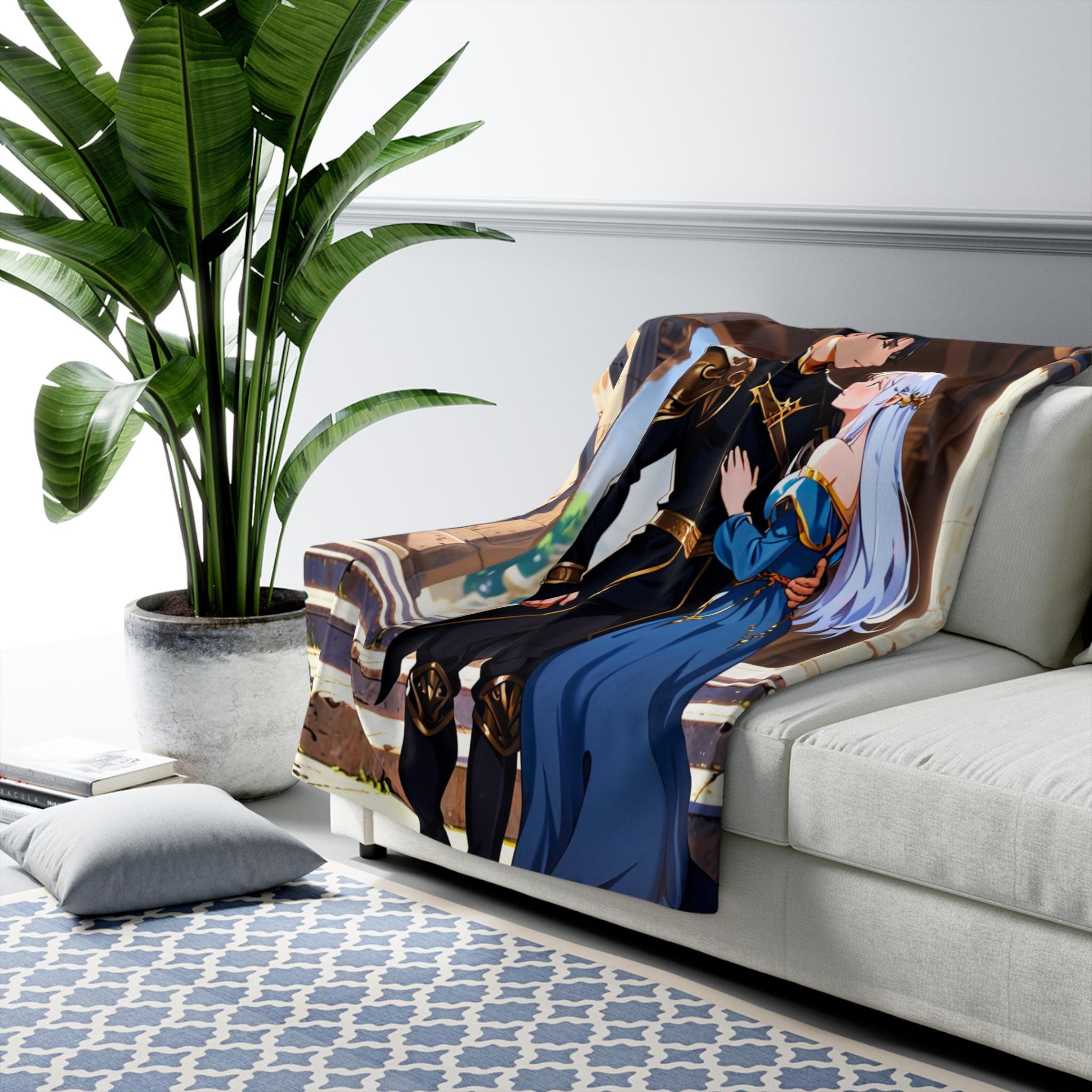 Royal Anime Couple Sherpa Blanket Fantasy Castle Cozy Gift for Anime Lovers and Dreamers