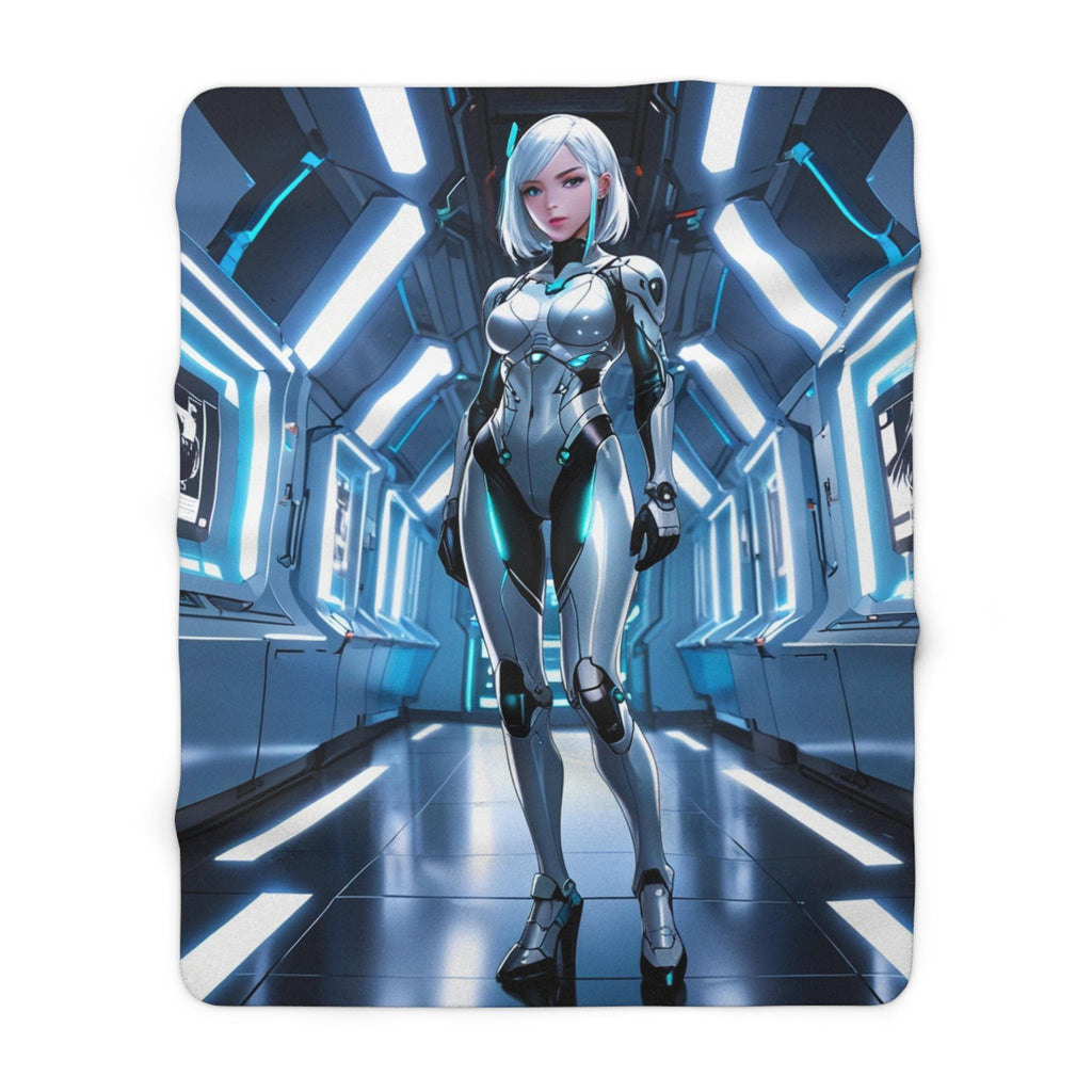 Cyber Anime Girl Sherpa Blanket Futuristic Neon Sci Fi Cozy Gift for Gamers and Collectors