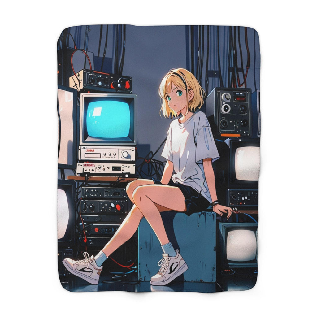 Retro Tech Anime Girl Sherpa Blanket Cozy 90s Aesthetic Gift for Anime Fans and Gamers