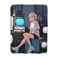 Retro Tech Anime Girl Sherpa Blanket Cozy 90s Aesthetic Gift for Anime Fans and Gamers