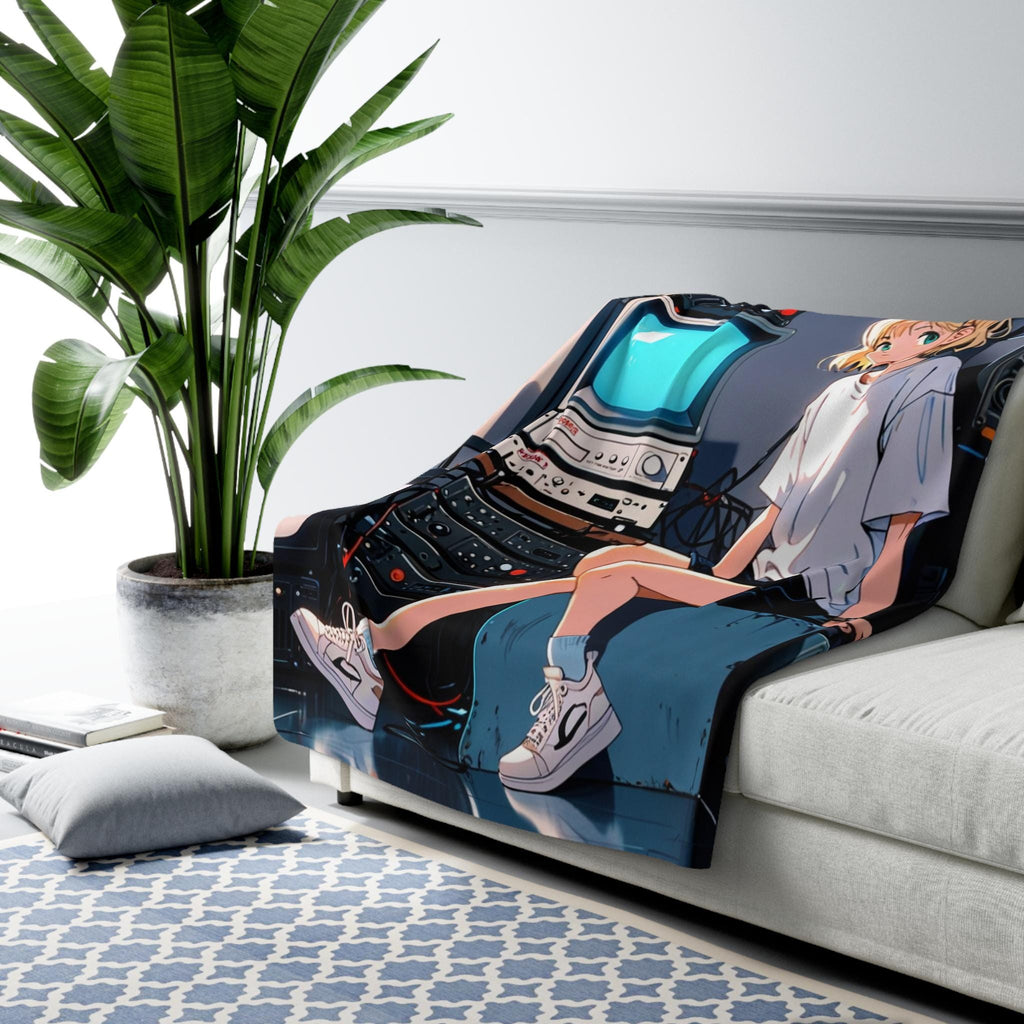 Retro Tech Anime Girl Sherpa Blanket Cozy 90s Aesthetic Gift for Anime Fans and Gamers