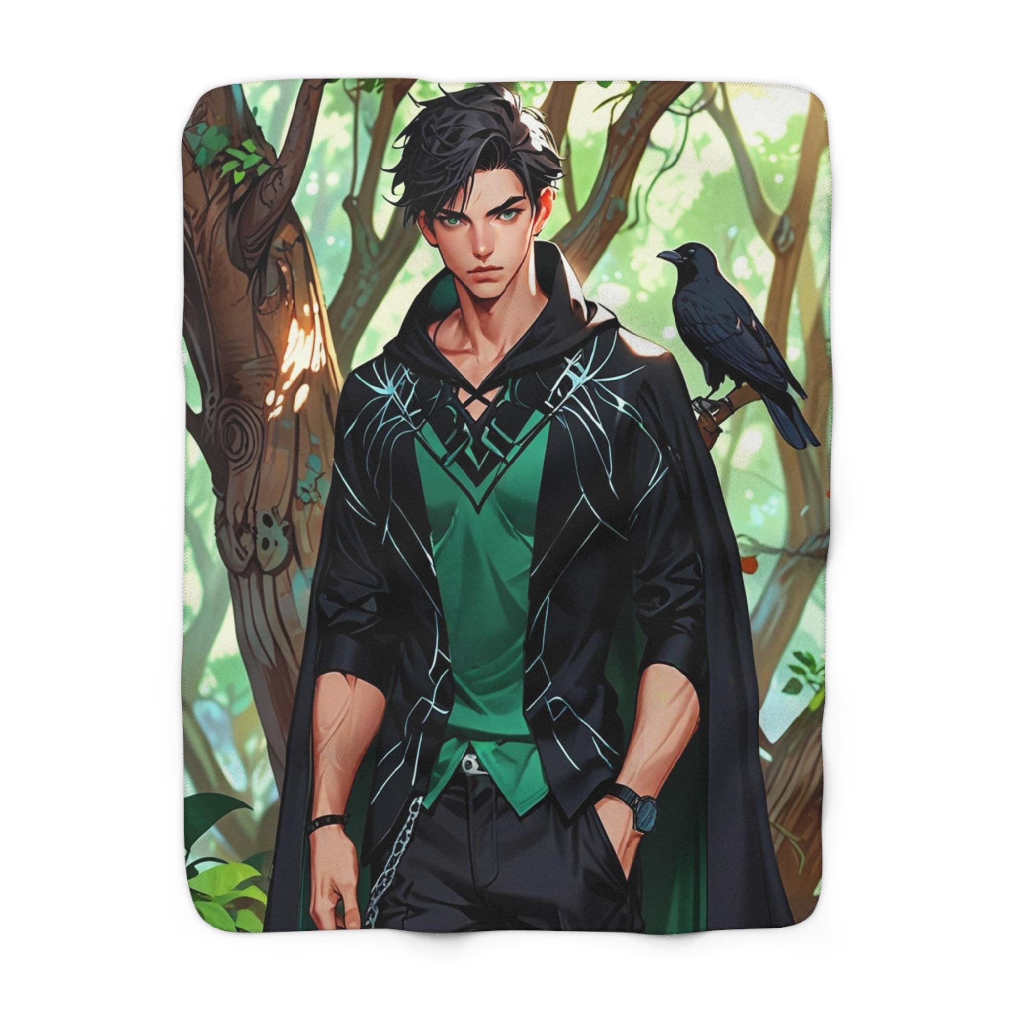 Forest Rogue Anime Boy Sherpa Blanket Dark Fantasy Cozy Gift for Anime Fans and Gamers