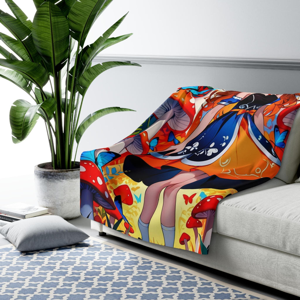 Butterfly Forest Anime Girl Sherpa Blanket Fantasy Cozy Gift for Anime Lovers and Dreamers
