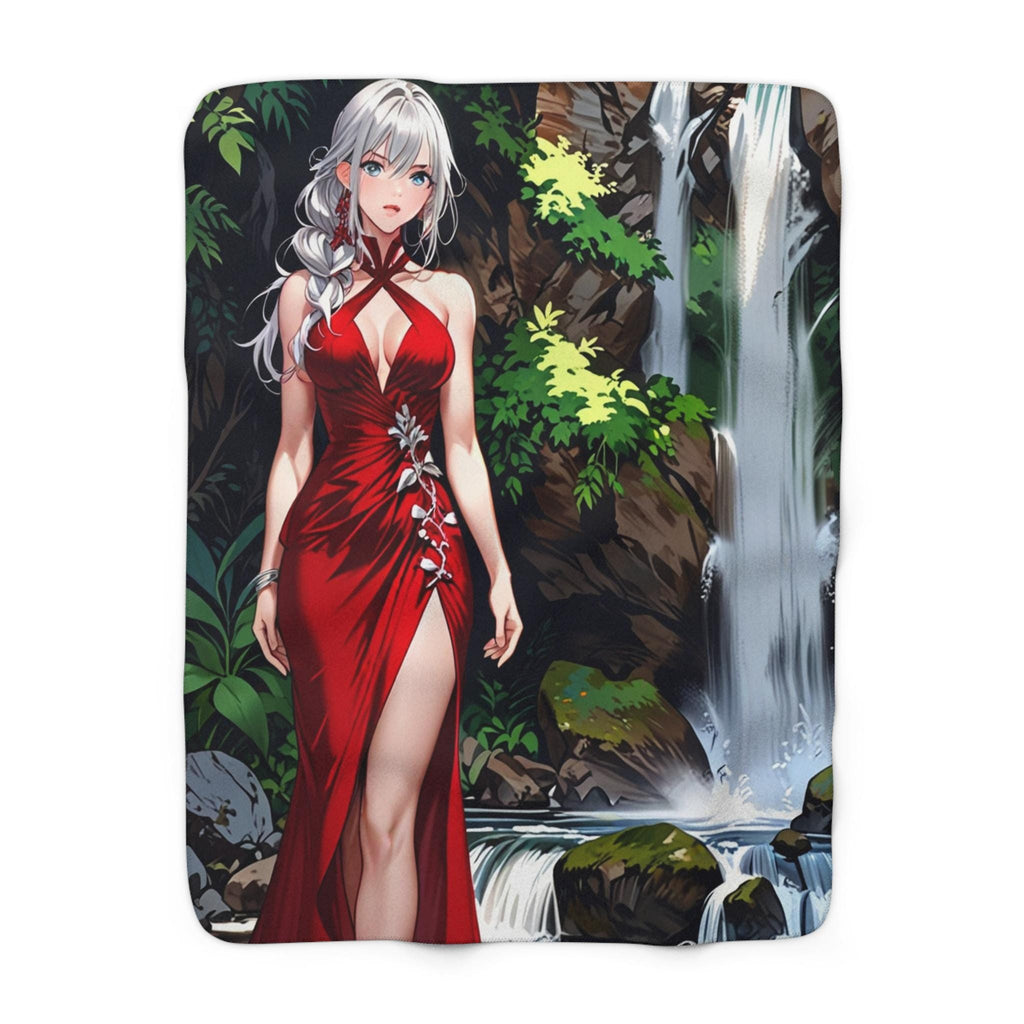 Elegant Red Dress Anime Girl Sherpa Blanket Fantasy Waterfall Cozy Gift for Anime Lovers