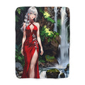 Elegant Red Dress Anime Girl Sherpa Blanket Fantasy Waterfall Cozy Gift for Anime Lovers