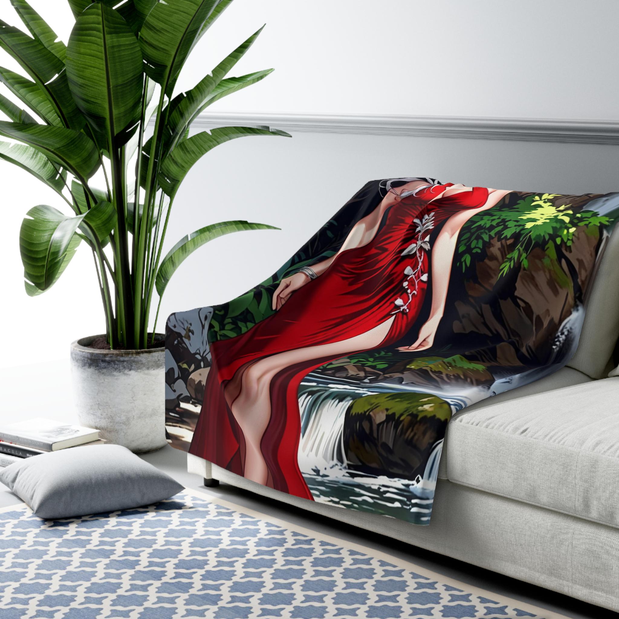 Elegant Red Dress Anime Girl Sherpa Blanket Fantasy Waterfall Cozy Gift for Anime Lovers