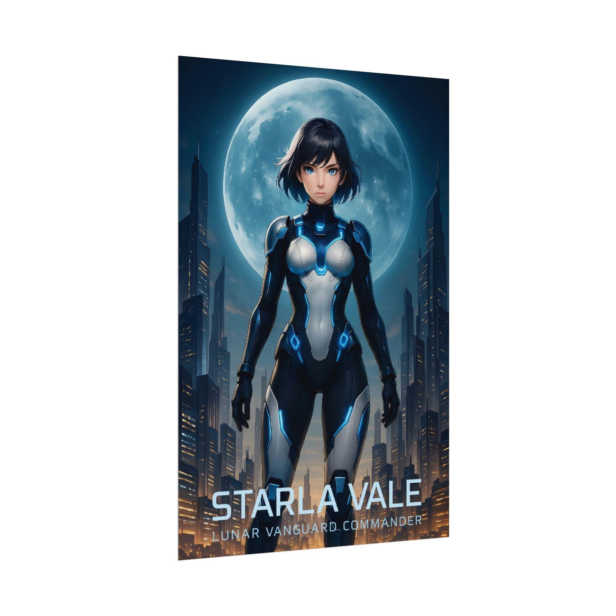 Starla Vale Lunar Vanguard Commander, Anime Poster, Futuristic Sci Fi Girl Wall Art, Cyberpunk City Moon Art, Gift Gamers Epic Anime Apparel