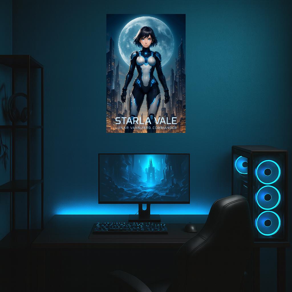 Starla Vale Lunar Vanguard Commander, Anime Poster, Futuristic Sci Fi Girl Wall Art, Cyberpunk City Moon Art, Gift Gamers Epic Anime Apparel