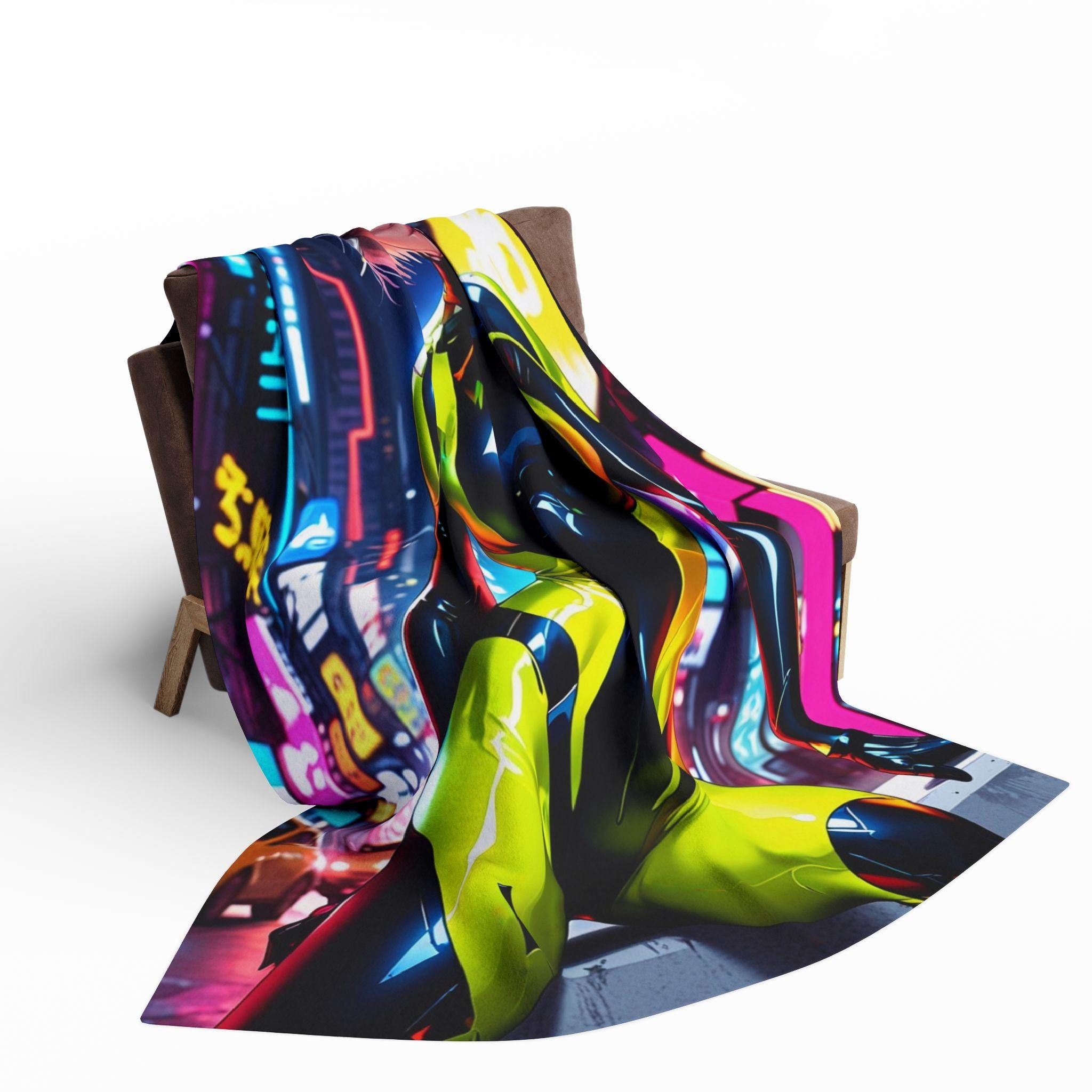 Cyberpunk Anime Girl Fleece Blanket Neon Techwear Art Throw Gift for Gamers and Anime Fans