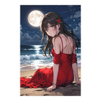 Anime Girl Poster Moonlight Beach Scene Romantic Night Aesthetic Red Dress Wall Art Gift for Anime Lovers and Collectors