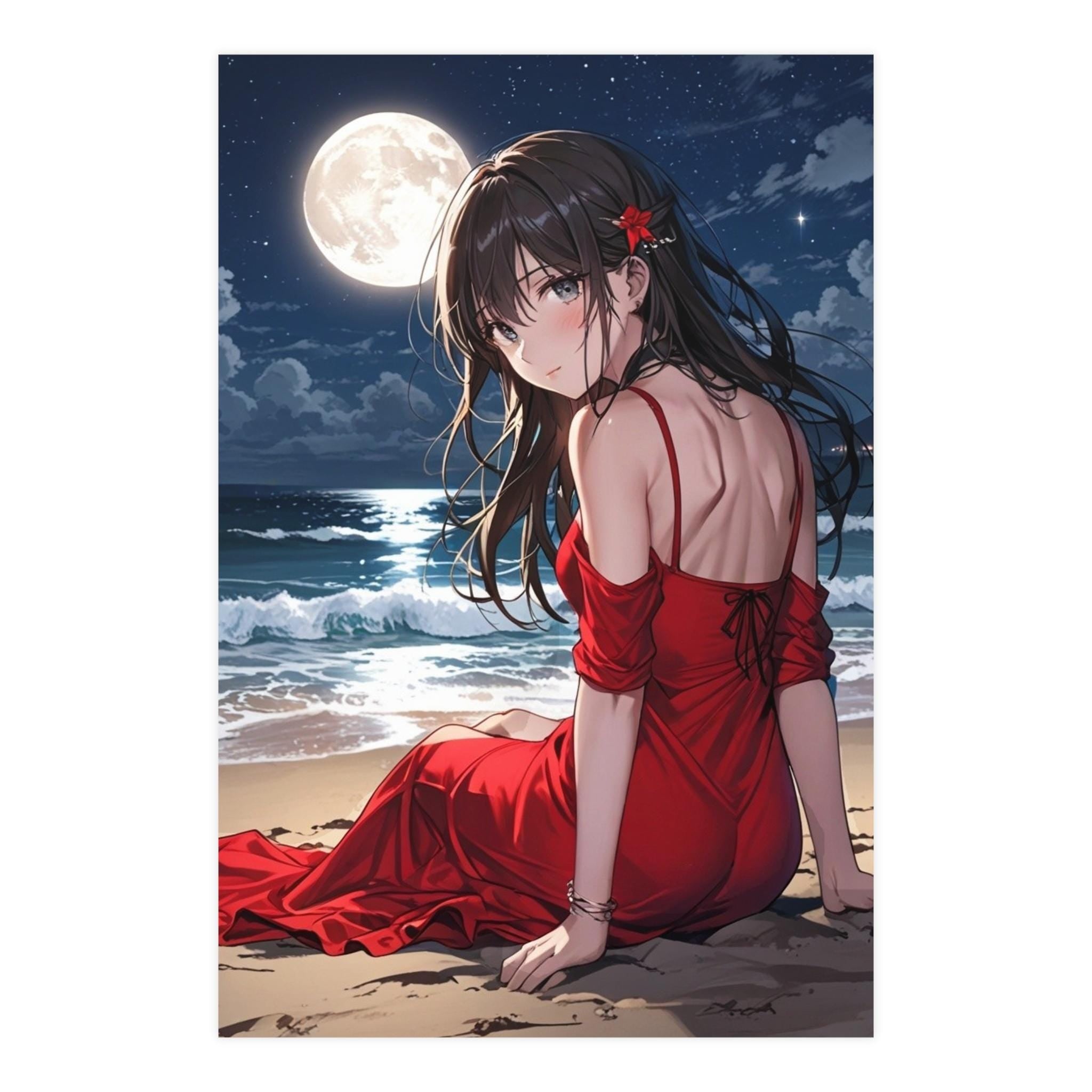 Anime Girl Poster Moonlight Beach Scene Romantic Night Aesthetic Red Dress Wall Art Gift for Anime Lovers and Collectors