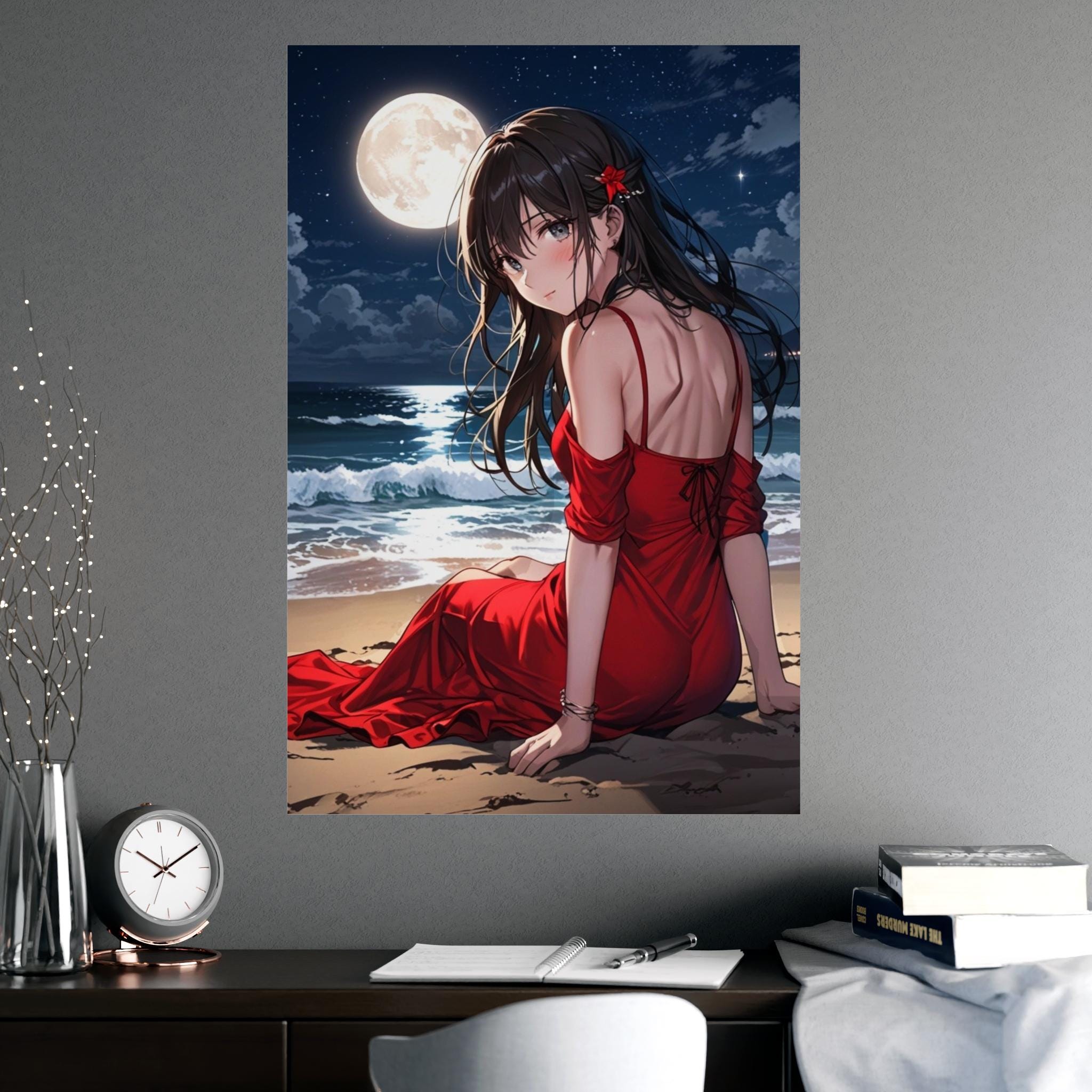 Anime Girl Poster Moonlight Beach Scene Romantic Night Aesthetic Red Dress Wall Art Gift for Anime Lovers and Collectors