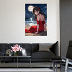 Anime Girl Poster Moonlight Beach Scene Romantic Night Aesthetic Red Dress Wall Art Gift for Anime Lovers and Collectors