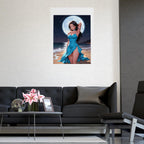 Anime Girl Poster Moonlight Ocean Scene Blue Dress Aesthetic Romantic Night Beach Wall Art Gift for Anime Lovers and Fans