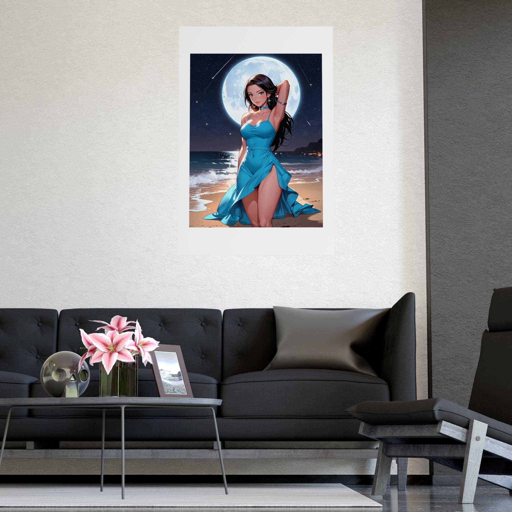 Anime Girl Poster Moonlight Ocean Scene Blue Dress Aesthetic Romantic Night Beach Wall Art Gift for Anime Lovers and Fans