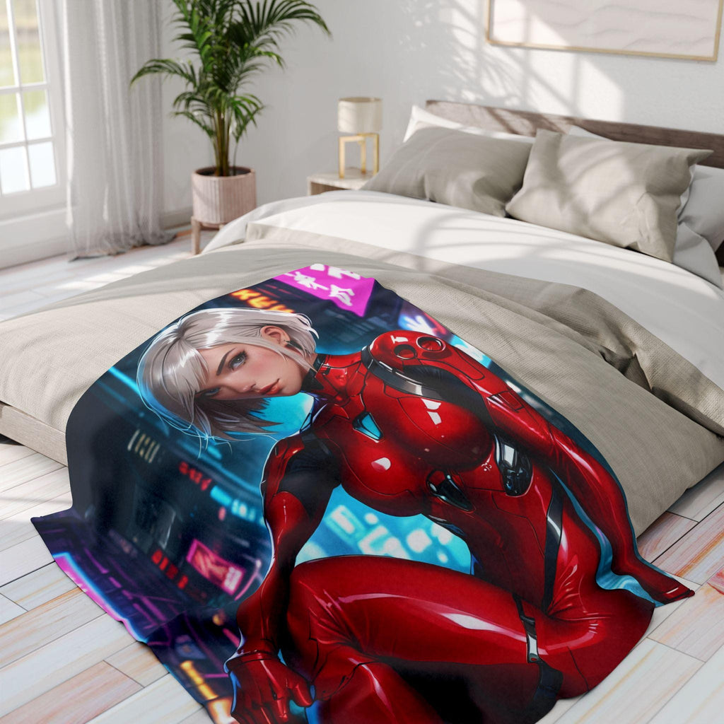 Anime Fleece Blanket Cyberpunk Girl Red Suit Neon Street Art Cozy Techwear Throw Gift for Gamers and Anime Lovers