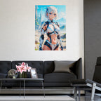 Futuristic Anime Girl Poster Sci-Fi Warrior Wall Art Blue Eyed Heroine Cyber Armor Print Gift for Anime Fans and Collectors