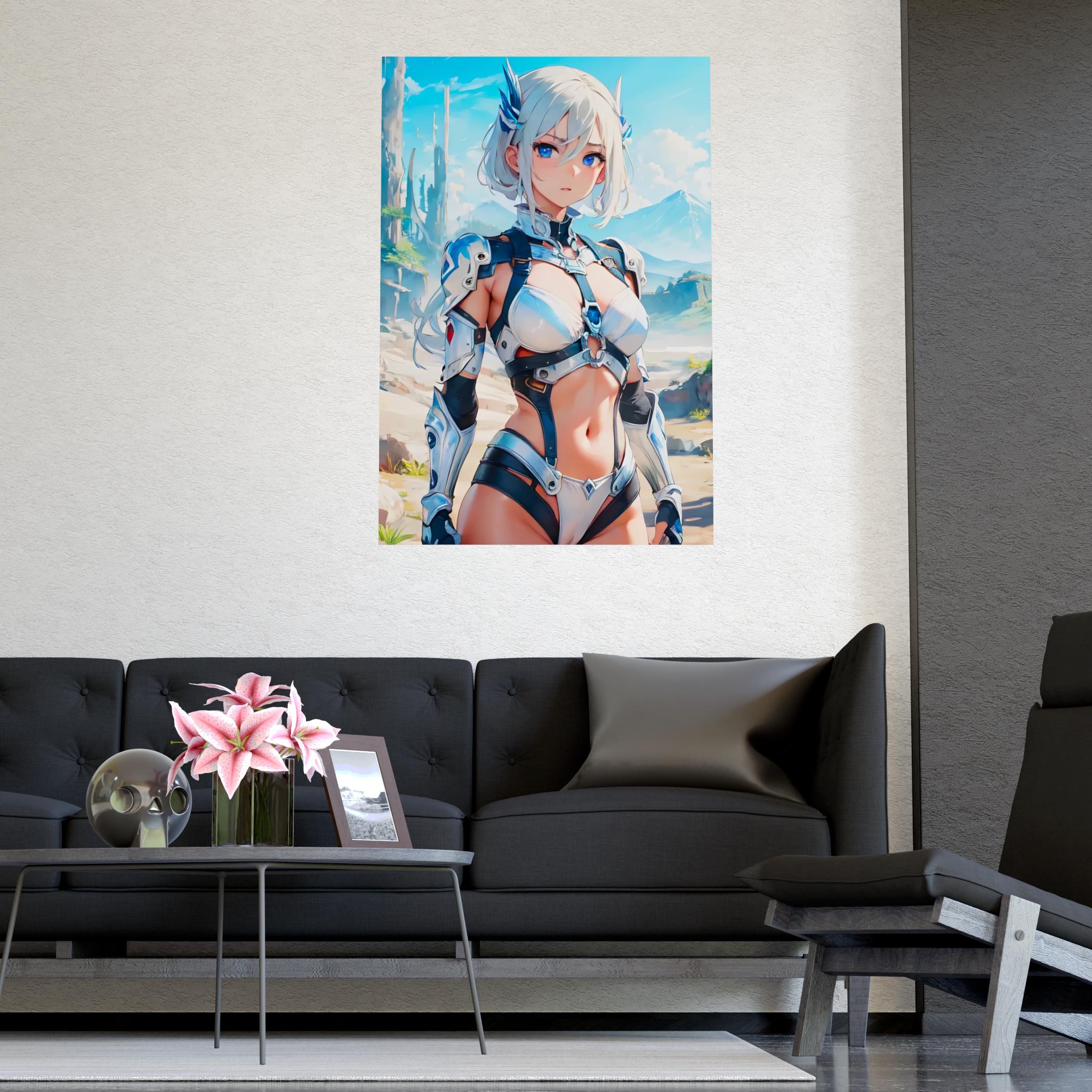 Futuristic Anime Girl Poster Sci-Fi Warrior Wall Art Blue Eyed Heroine Cyber Armor Print Gift for Anime Fans and Collectors