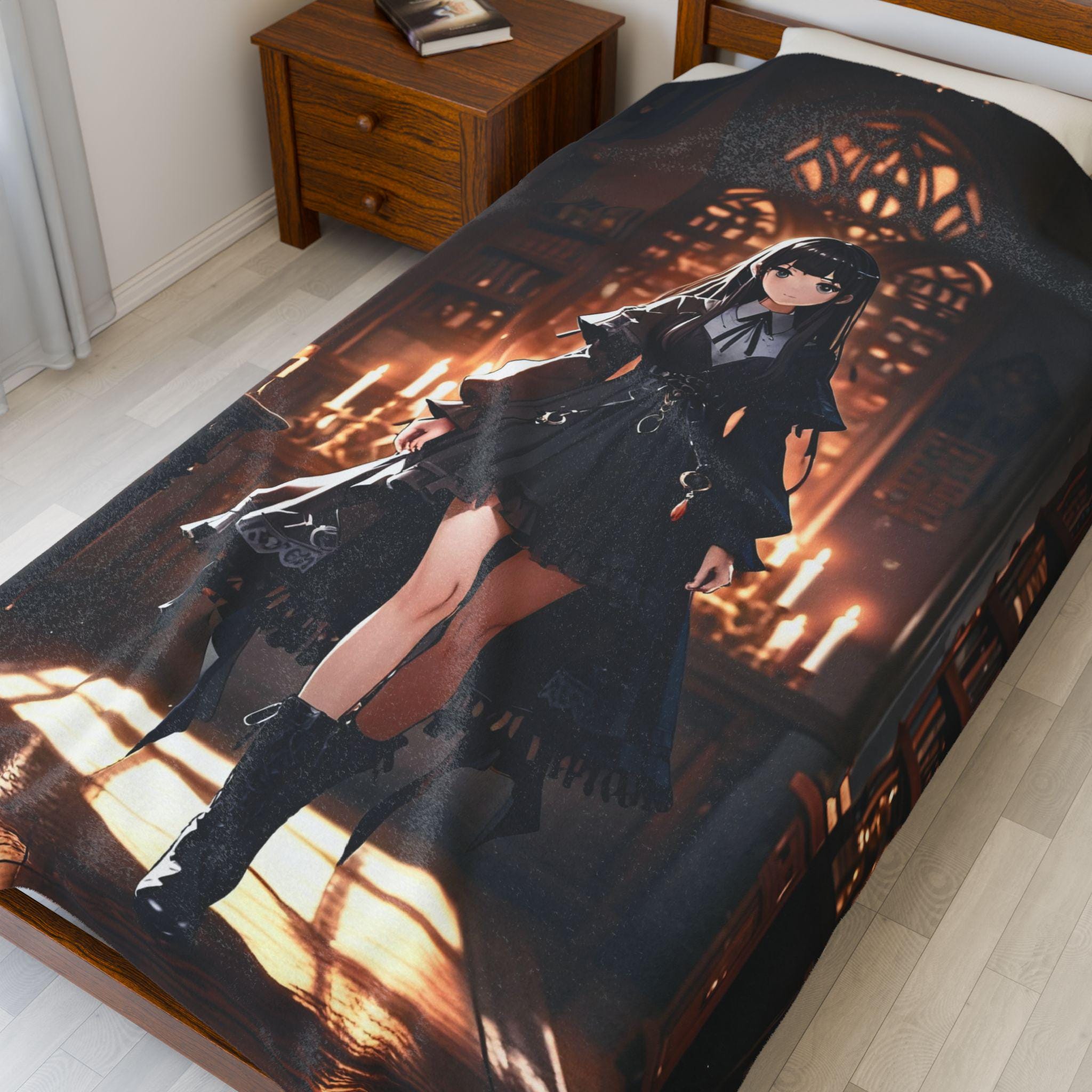 Gothic Anime Girl Blanket Cozy Fleece Throw Dark Academia Library Art Gift for Anime Lovers and Otaku Fans