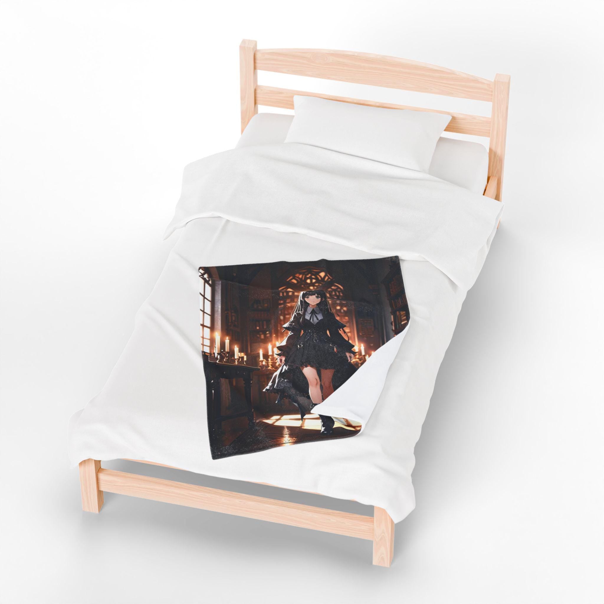 Gothic Anime Girl Blanket Cozy Fleece Throw Dark Academia Library Art Gift for Anime Lovers and Otaku Fans