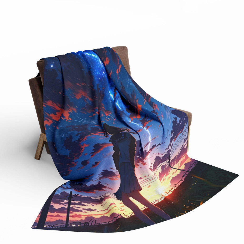 Anime Girl Sunset Fleece Blanket Stargazing Throw Cozy Otaku Gift for Anime Fans and Room Aesthetic