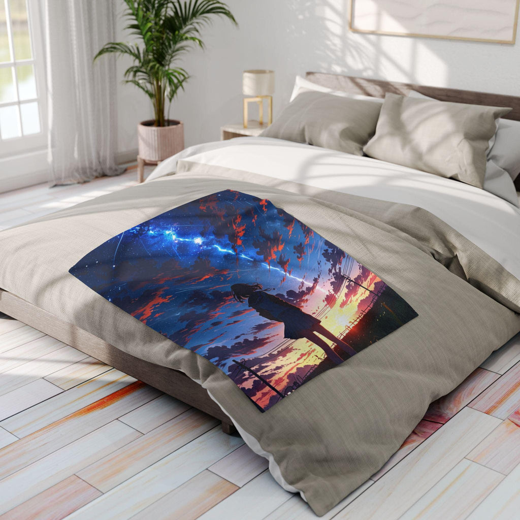 Anime Girl Sunset Fleece Blanket Stargazing Throw Cozy Otaku Gift for Anime Fans and Room Aesthetic